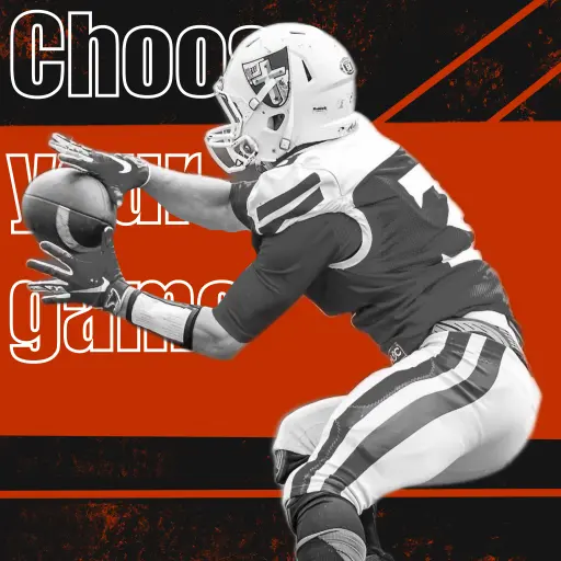 American football player receiving a pass with text 'Choose your game' in the background